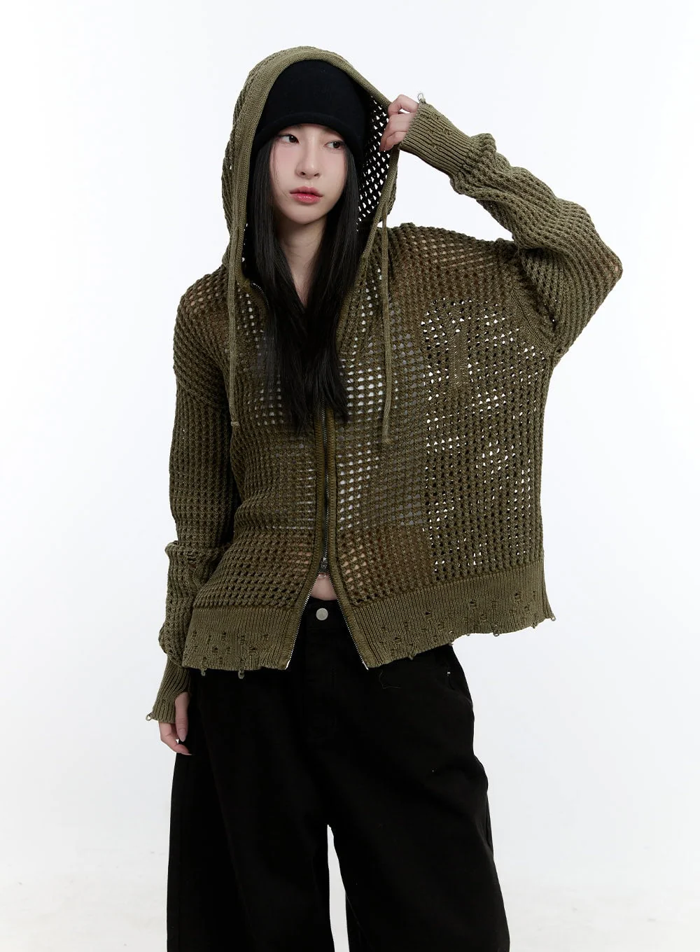 Damaged Mesh Zip-Up Hoodie CJ521