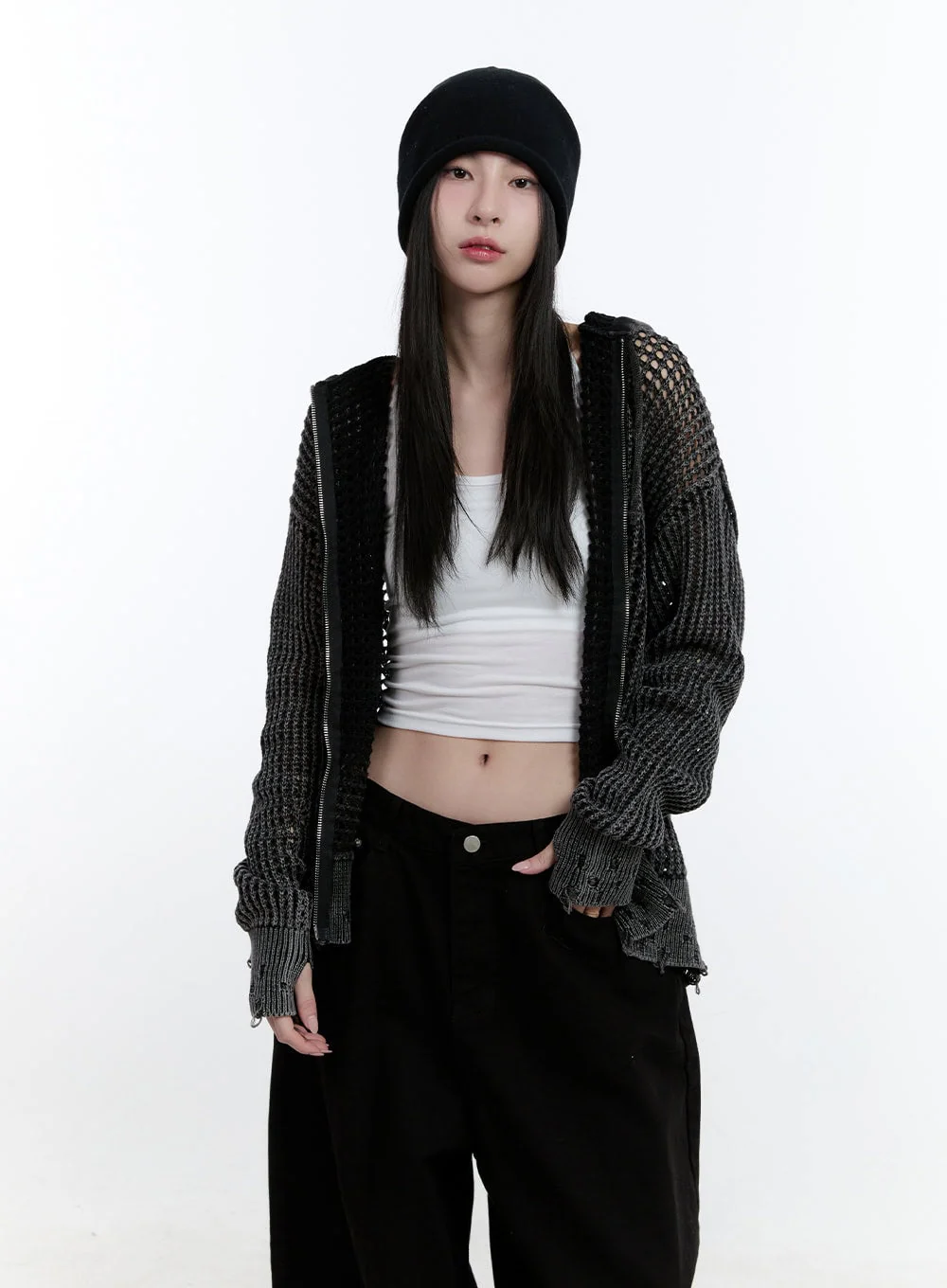 Damaged Mesh Zip-Up Hoodie CJ521 - Image 10