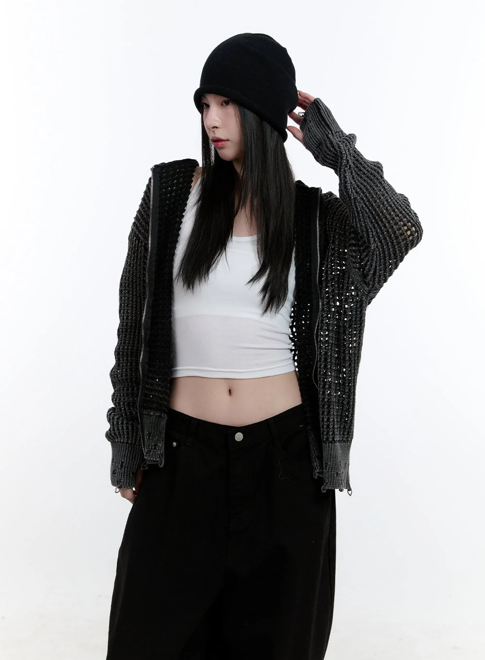 Damaged Mesh Zip-Up Hoodie CJ521 - Image 4