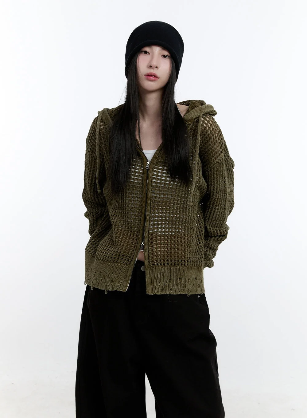 Damaged Mesh Zip-Up Hoodie CJ521 - Image 5