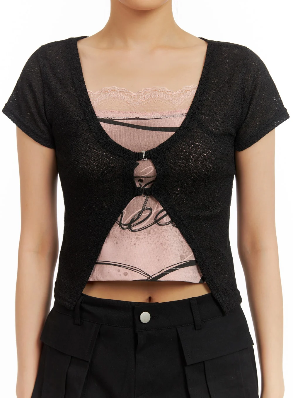 Deep U-Neck Short Sleeve Cardigan IA417 - Image 4