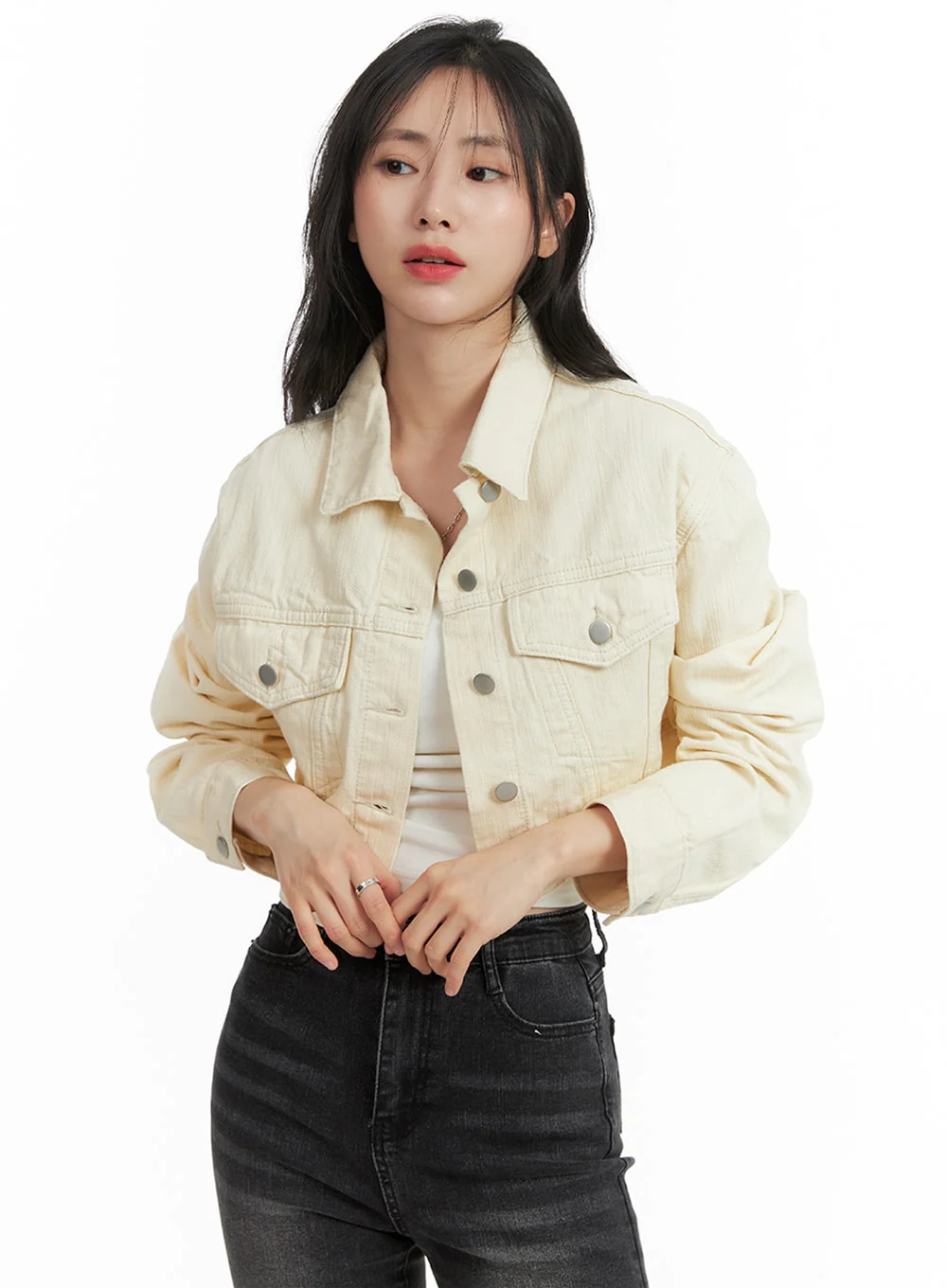 Denim Collar Solid Button Crop Jacket OM411 - Image 3