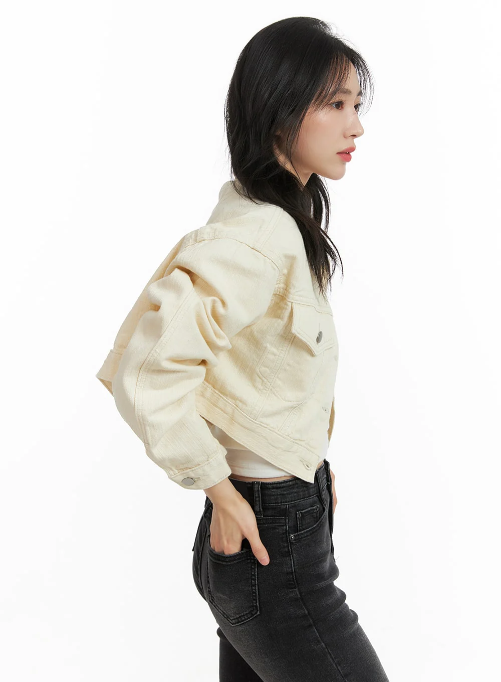 Denim Collar Solid Button Crop Jacket OM411 - Image 4