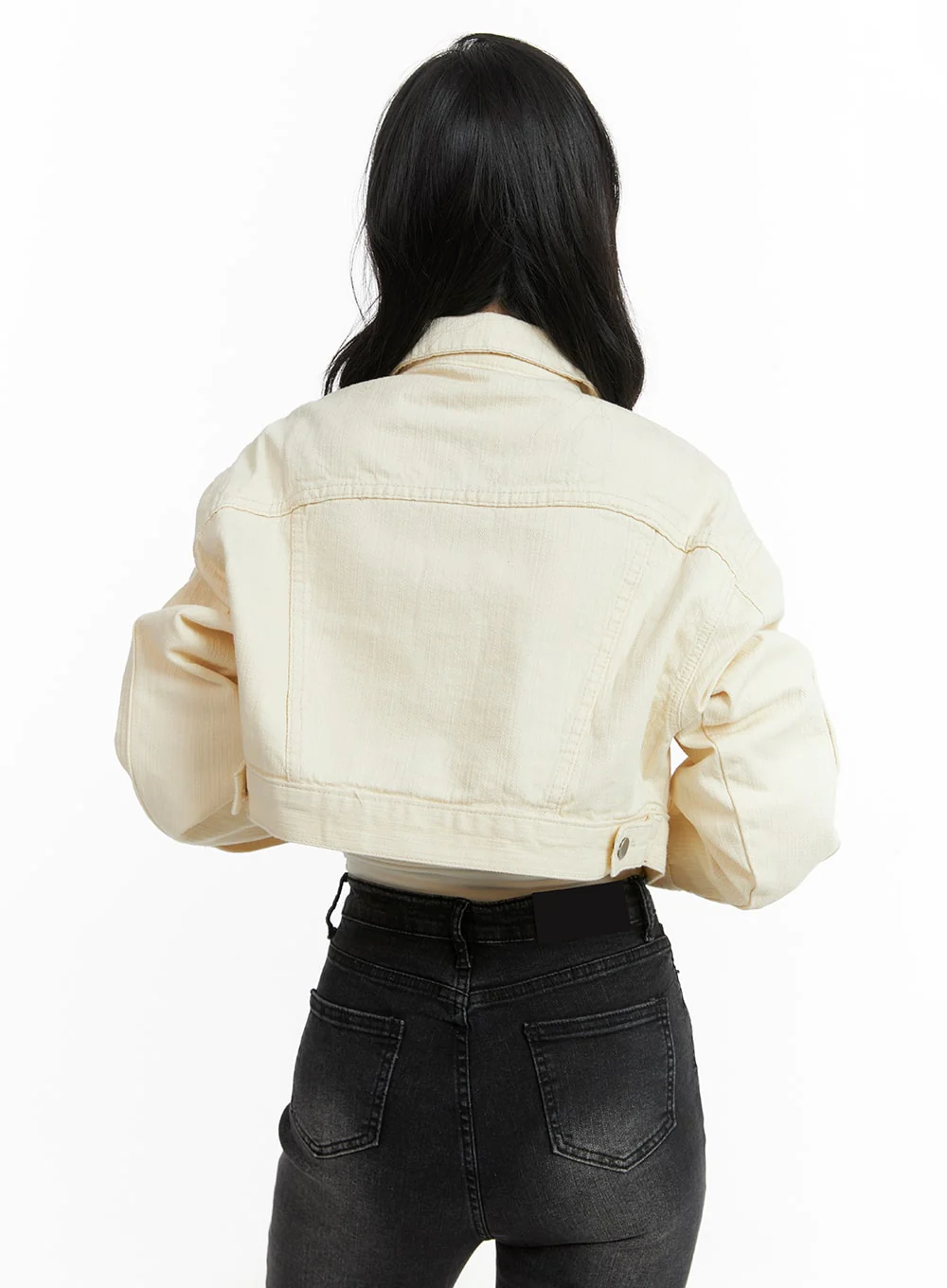 Denim Collar Solid Button Crop Jacket OM411 - Image 5