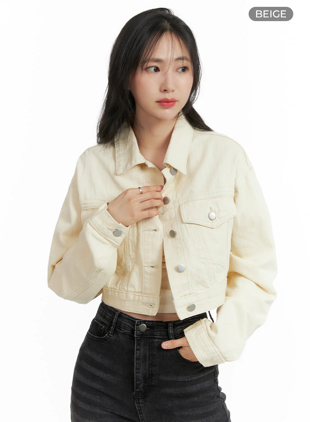 Denim Collar Solid Button Crop Jacket OM411 - Image 8