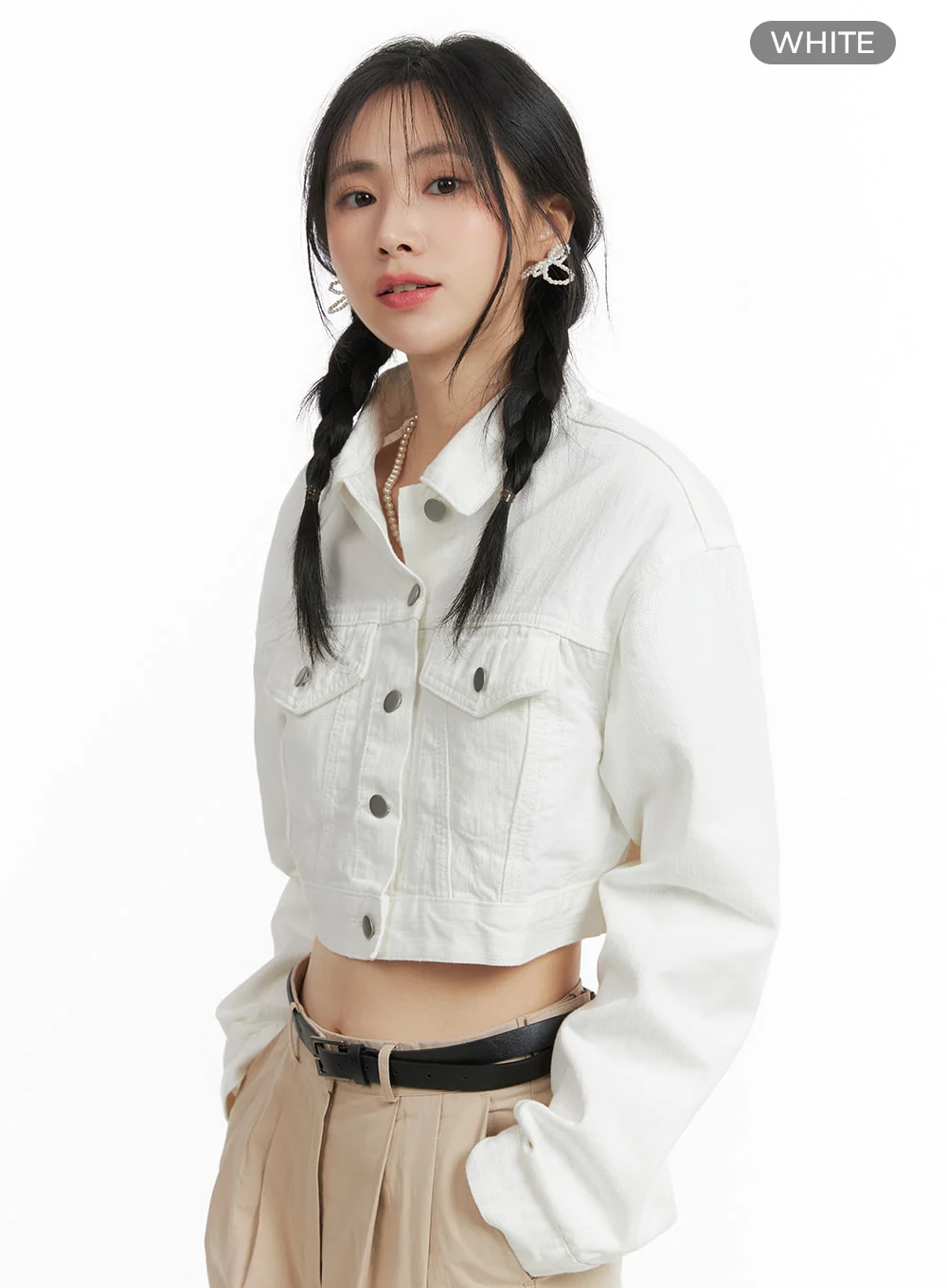 Denim Collar Solid Button Crop Jacket OM411 - Image 9