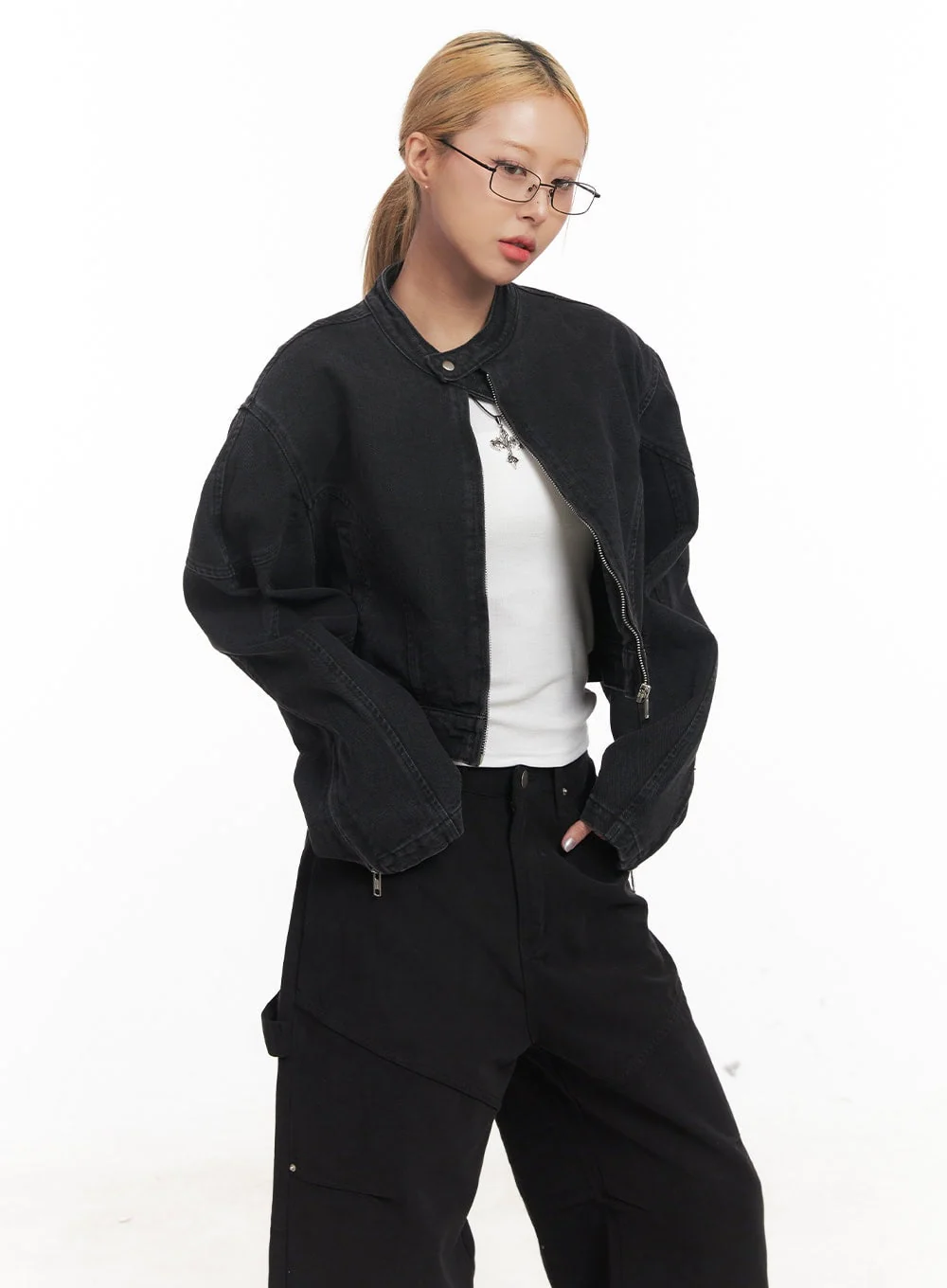 Denim Zip-Up Crop Jacket CM506 - Image 3