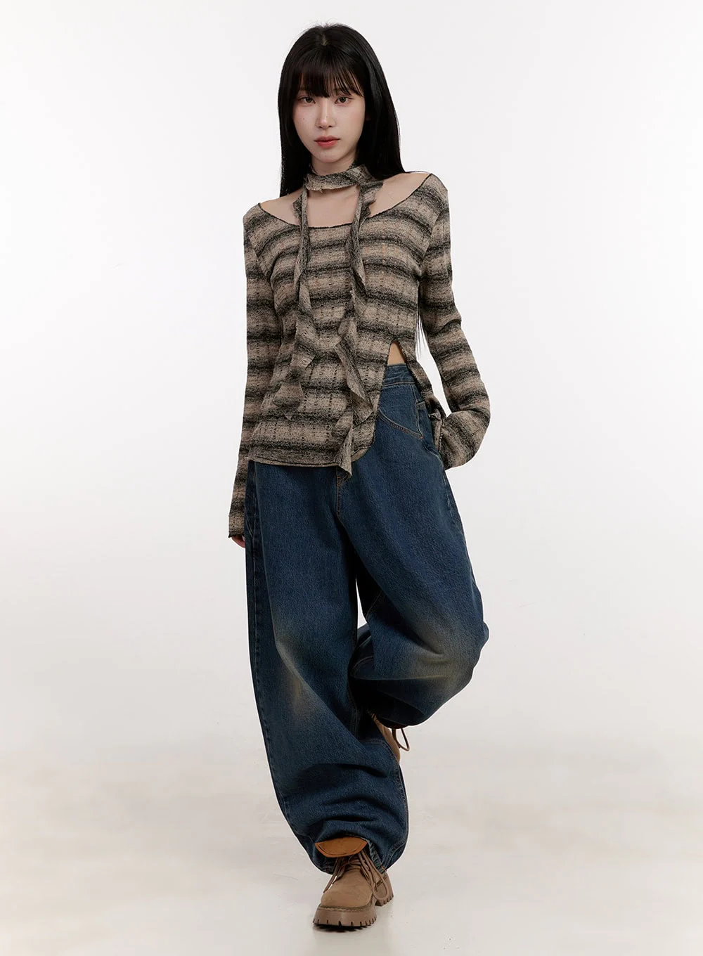 Distressed Striped Sweater with Scarf CJ531 - Image 2