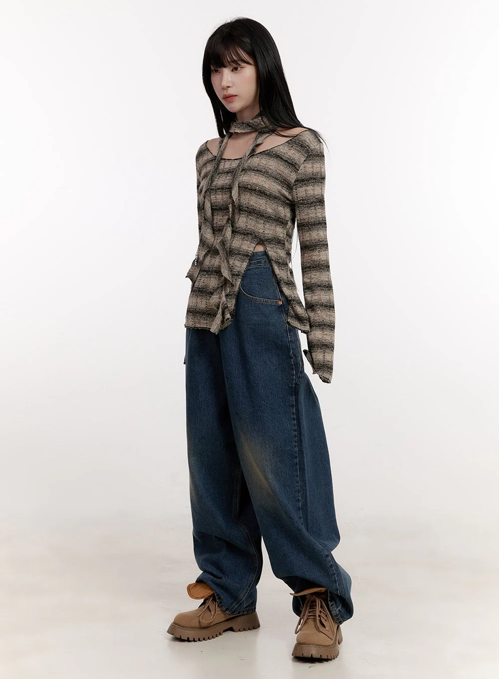 Distressed Striped Sweater with Scarf CJ531 - Image 3