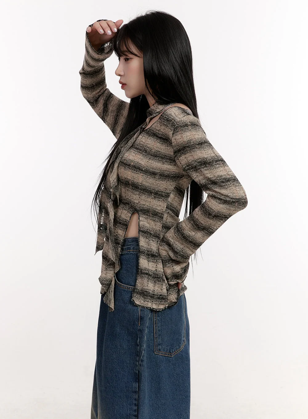 Distressed Striped Sweater with Scarf CJ531 - Image 5