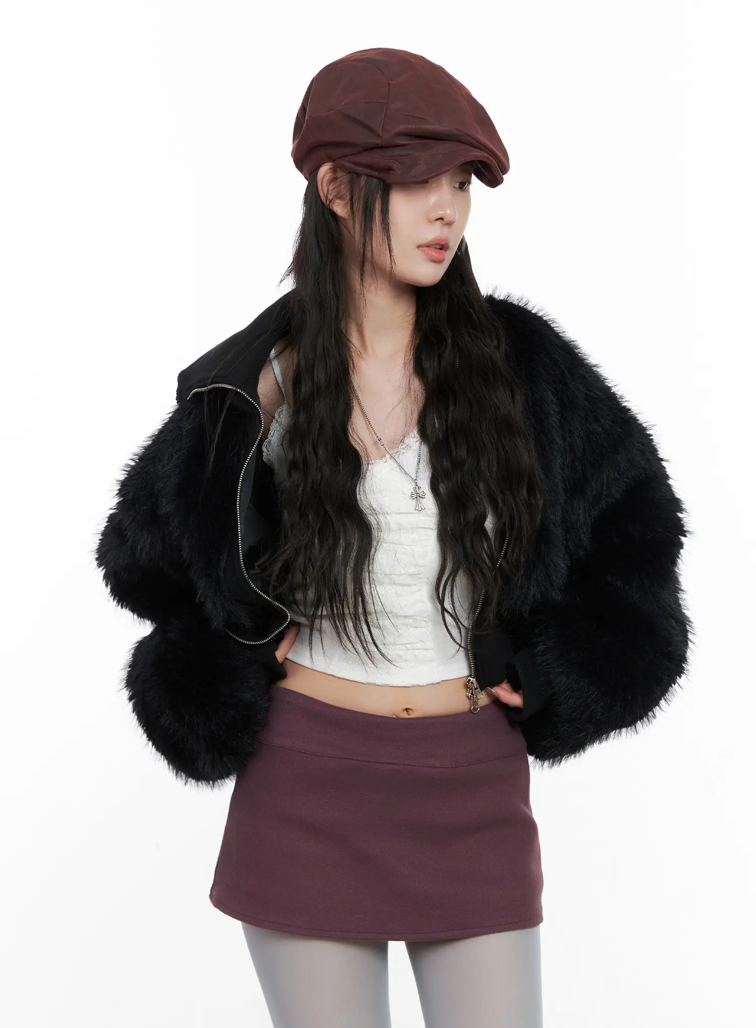Double-Sided Faux Fur Crop Jacket CN513 - Image 11