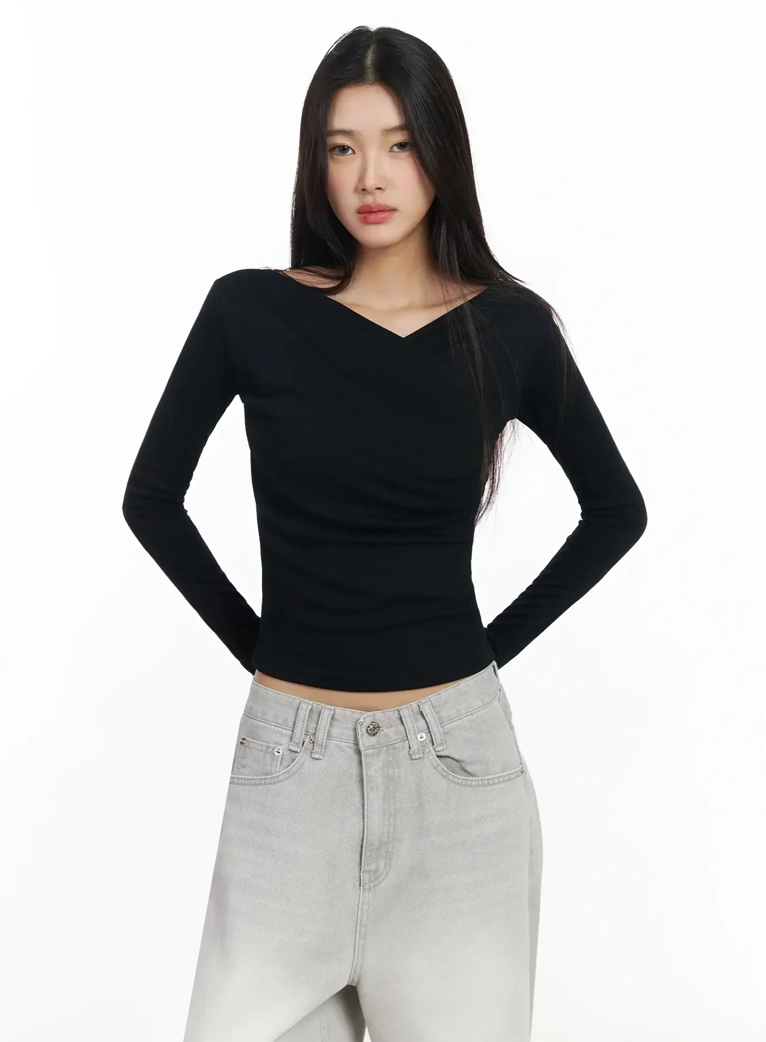 Draped V-Neck Long Sleeve Top IA508 - Image 3