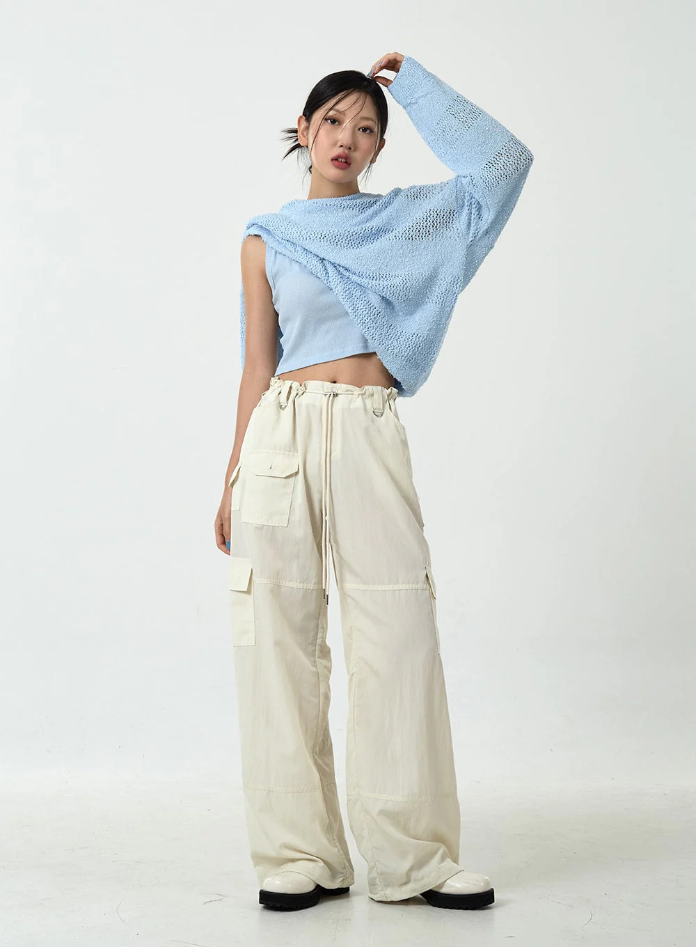 Drawstring Waist Wide Cargo Pants CU13