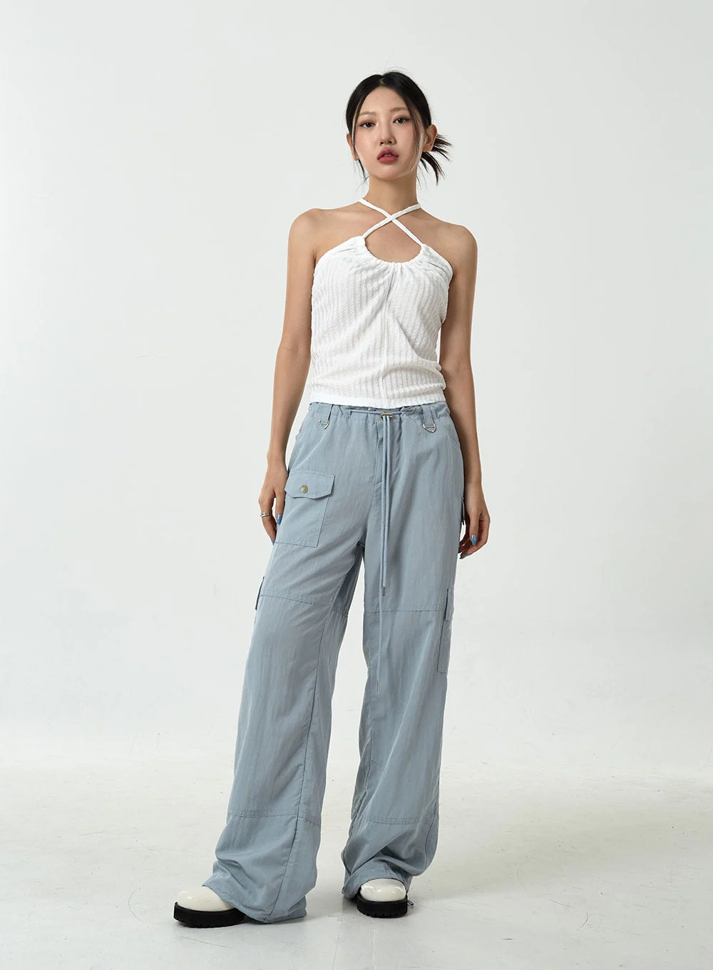 Drawstring Waist Wide Cargo Pants CU13 - Image 10