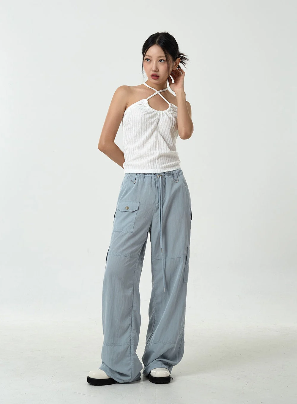 Drawstring Waist Wide Cargo Pants CU13 - Image 14