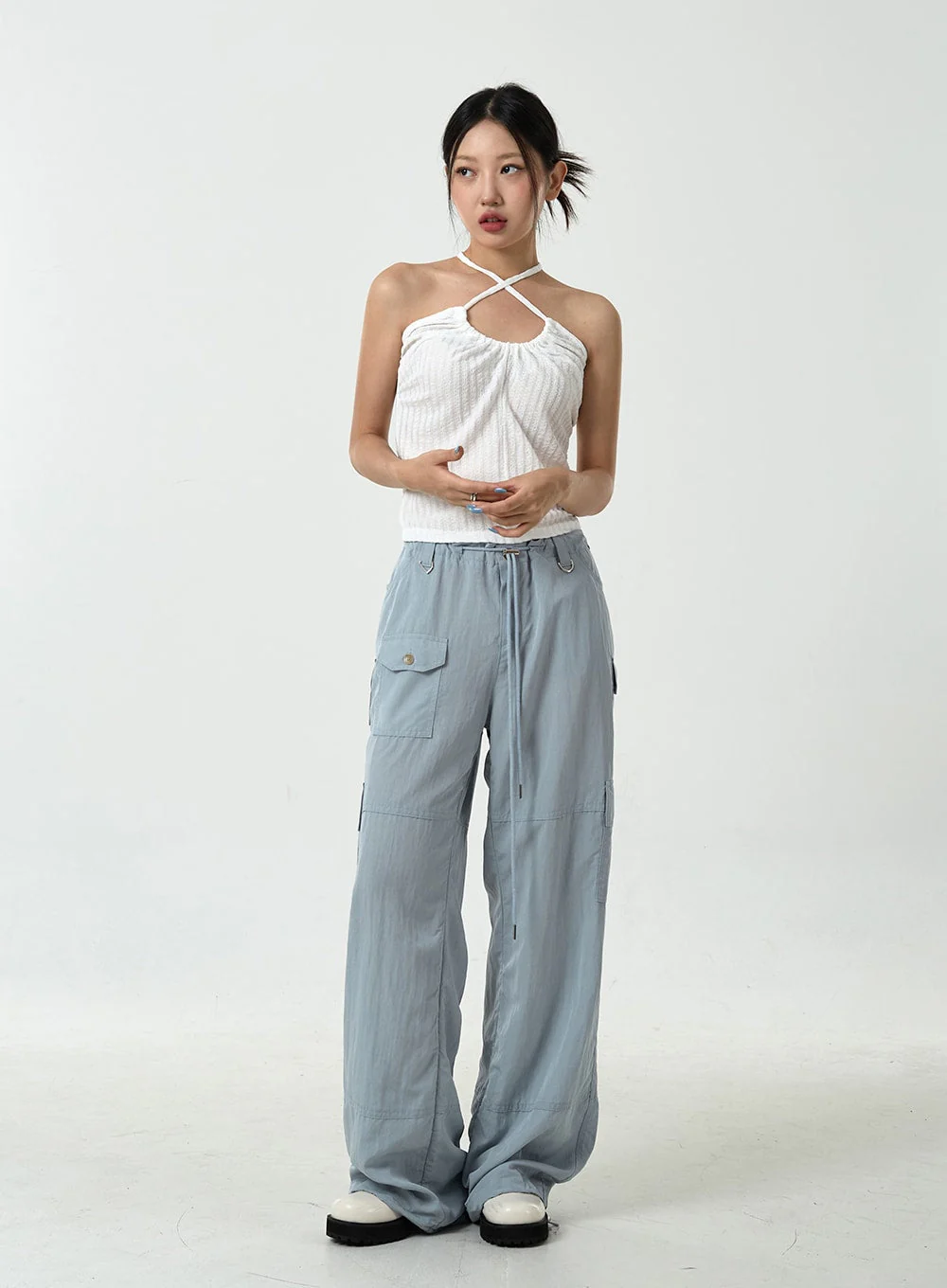 Drawstring Waist Wide Cargo Pants CU13 - Image 17