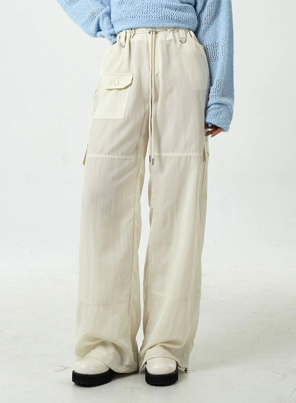 Drawstring Waist Wide Cargo Pants CU13 - Image 2