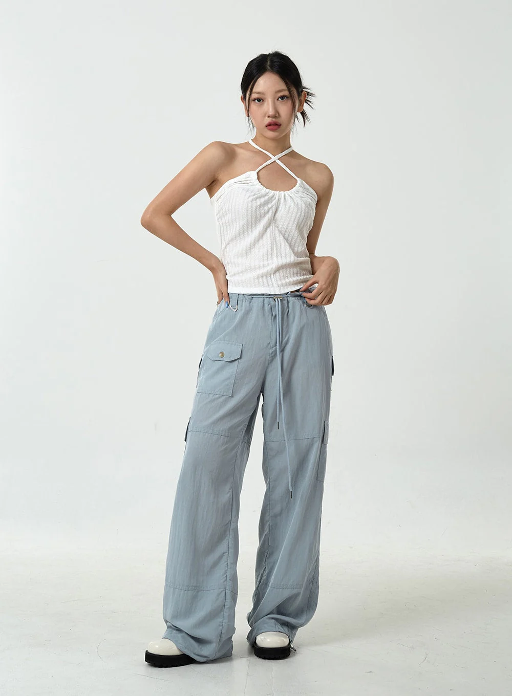 Drawstring Waist Wide Cargo Pants CU13 - Image 9