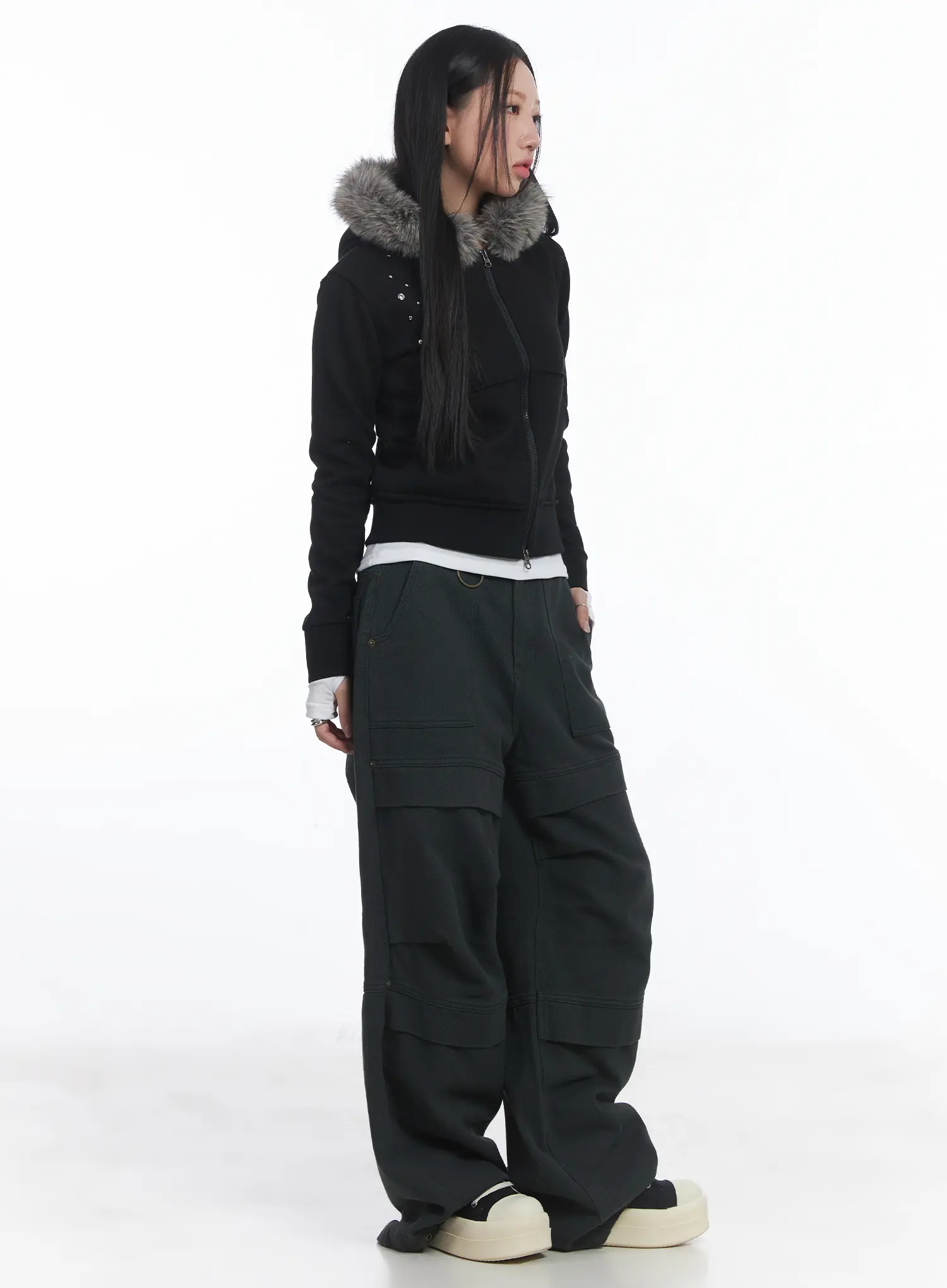 Faux Fur Fleece Eyelet Crop Hoodie CJ514 - Image 6