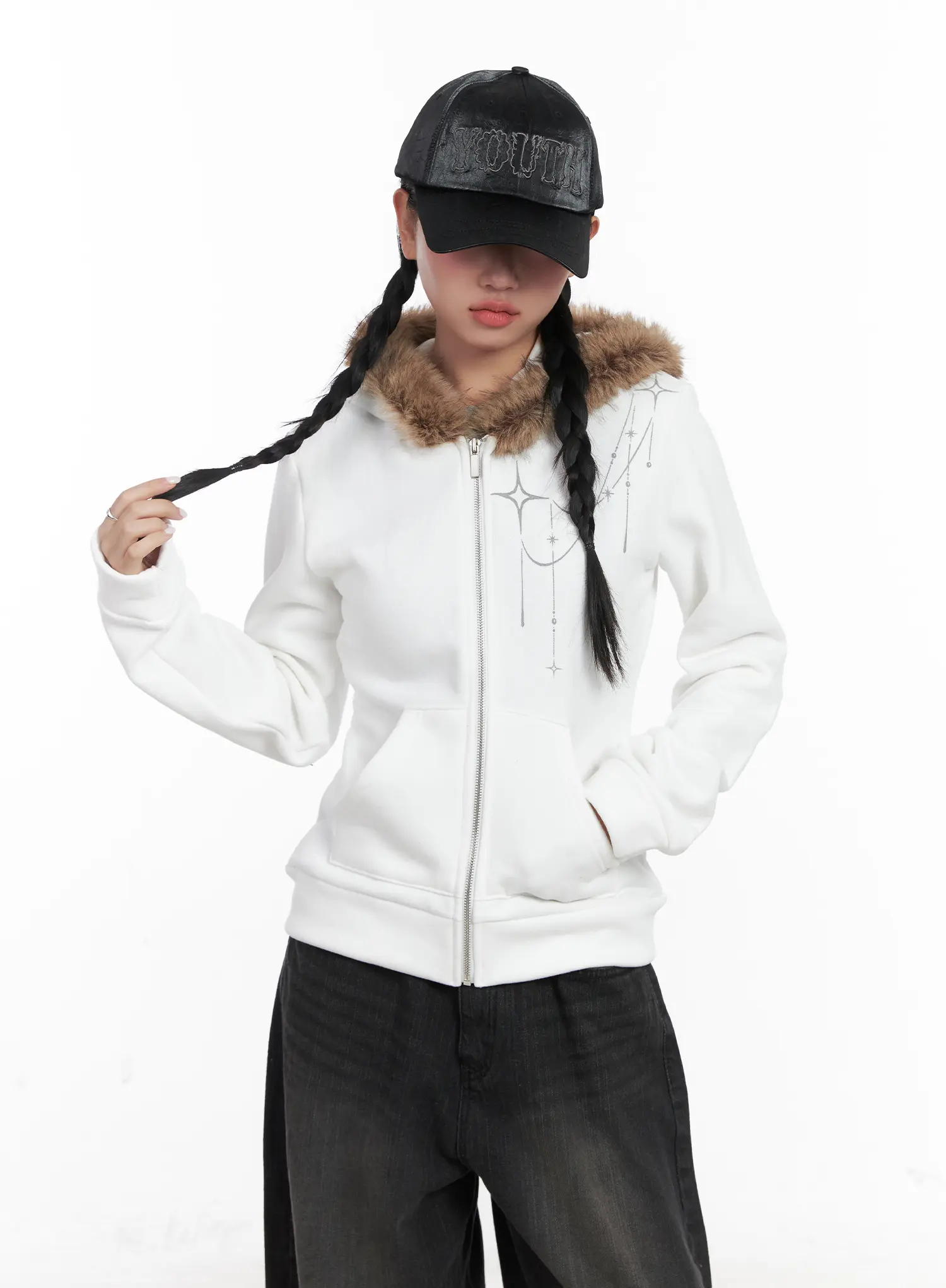 Faux Fur Trim Cropped Hoodie CN528 - Image 11