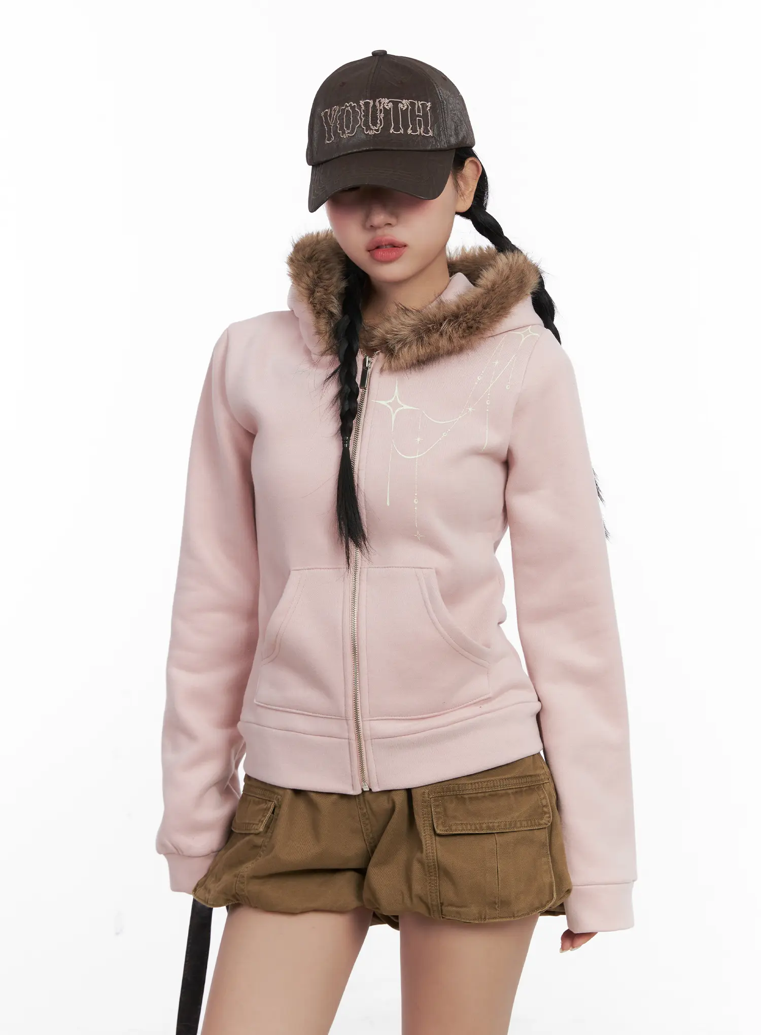Faux Fur Trim Cropped Hoodie CN528 - Image 12