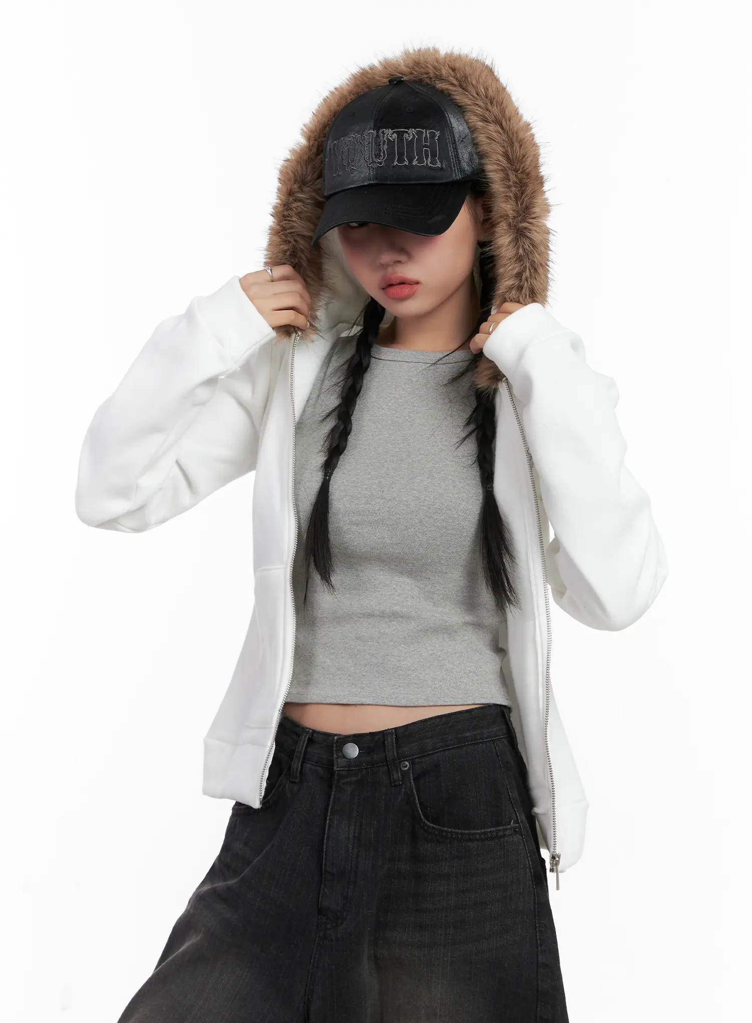 Faux Fur Trim Cropped Hoodie CN528 - Image 2