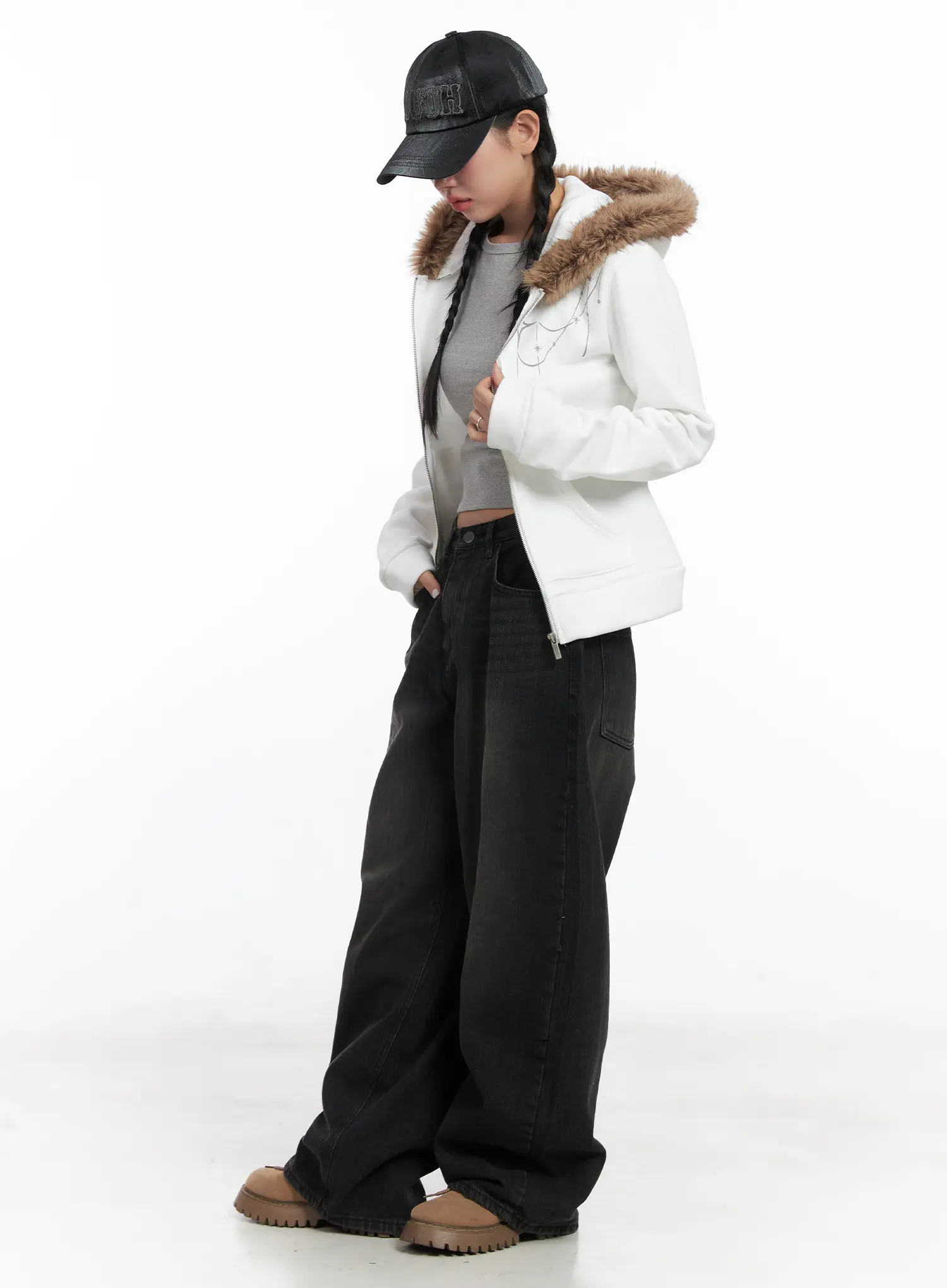 Faux Fur Trim Cropped Hoodie CN528 - Image 4