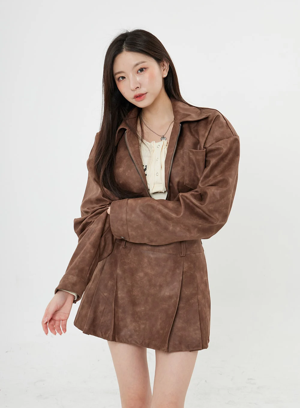 Faux Leather Zipp-Up Jumper Jacket BO24 - Image 3