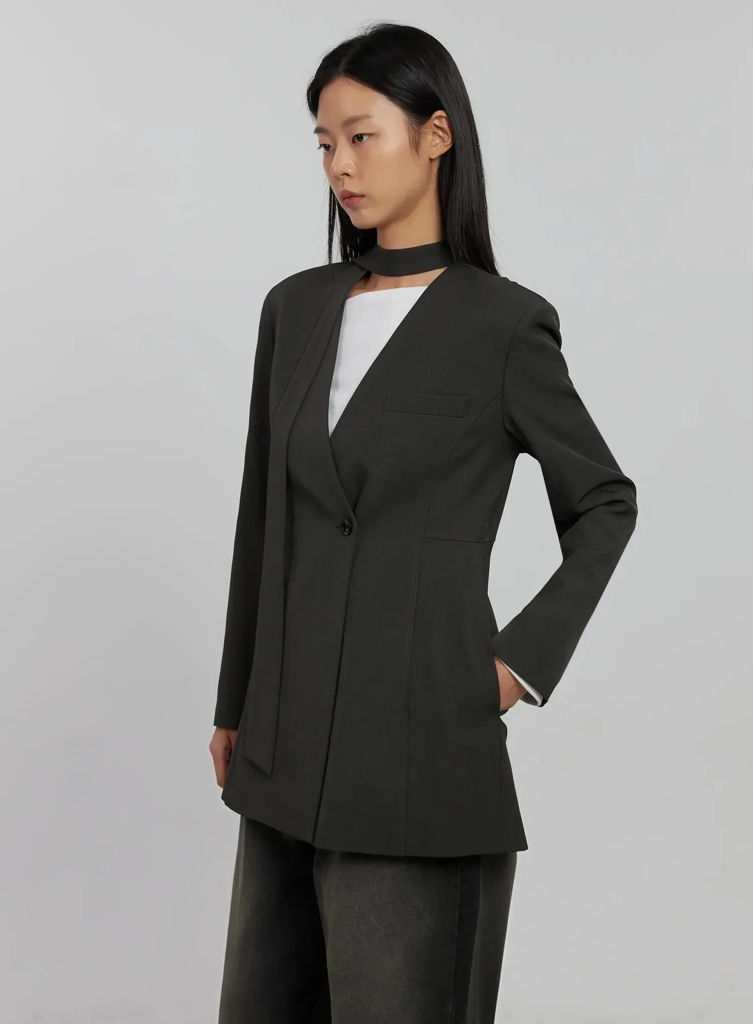 Fitted Tie Detail Blazer IJ509 - Image 6