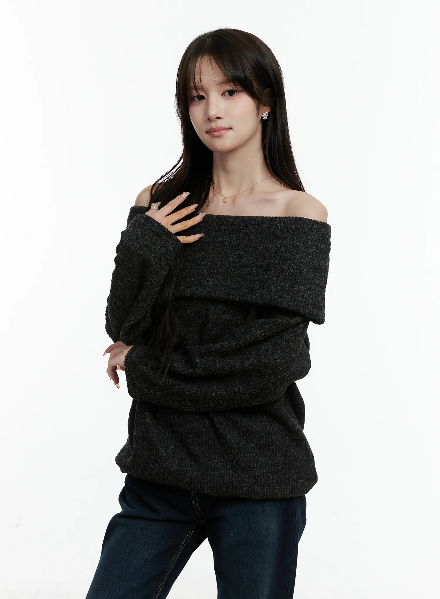 Fleece Ribbed Off-Shoulder Knit Top CD523 - Image 10