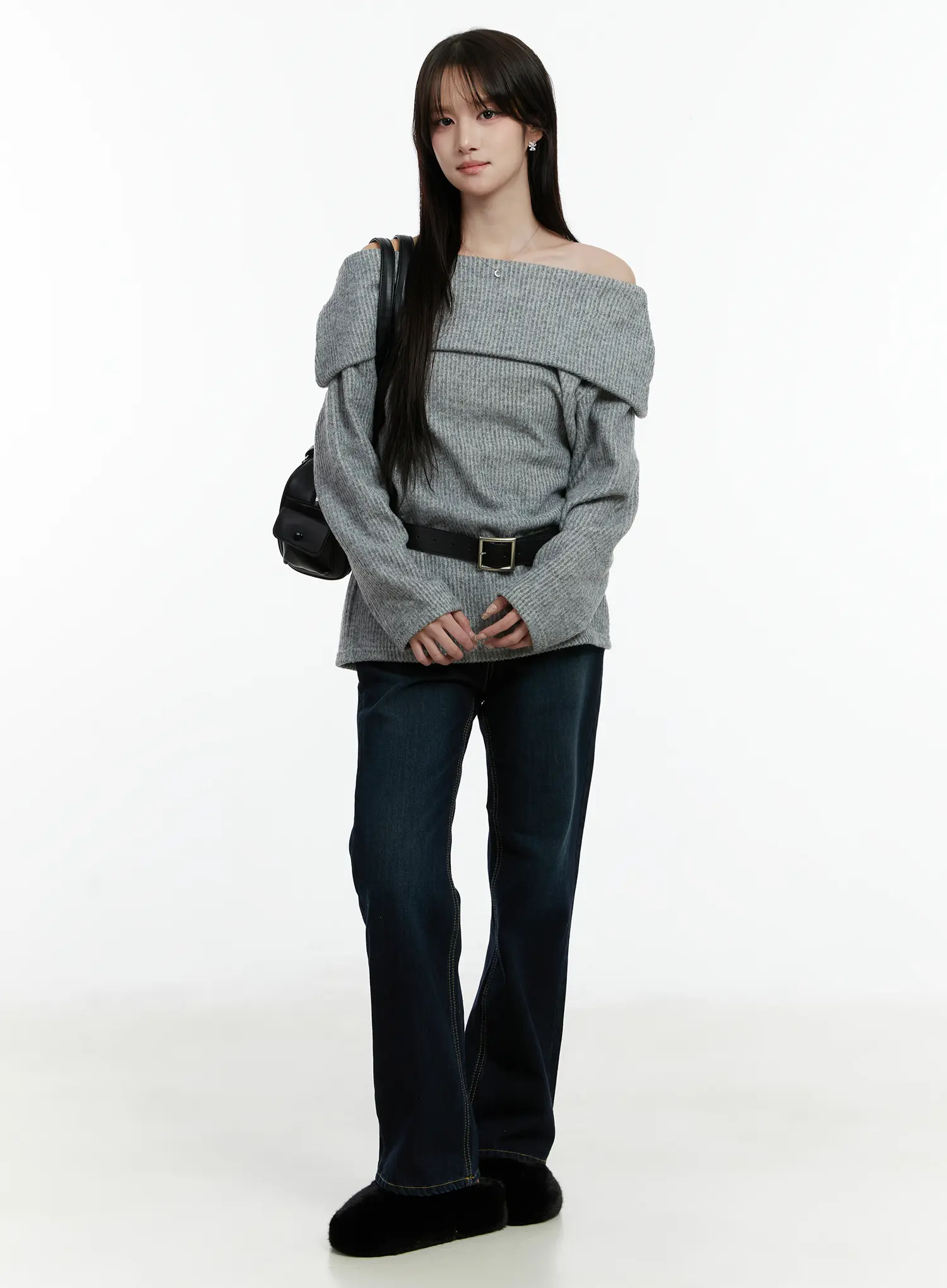 Fleece Ribbed Off-Shoulder Knit Top CD523 - Image 3