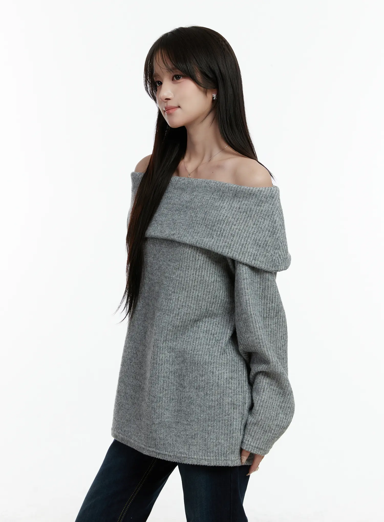 Fleece Ribbed Off-Shoulder Knit Top CD523 - Image 5