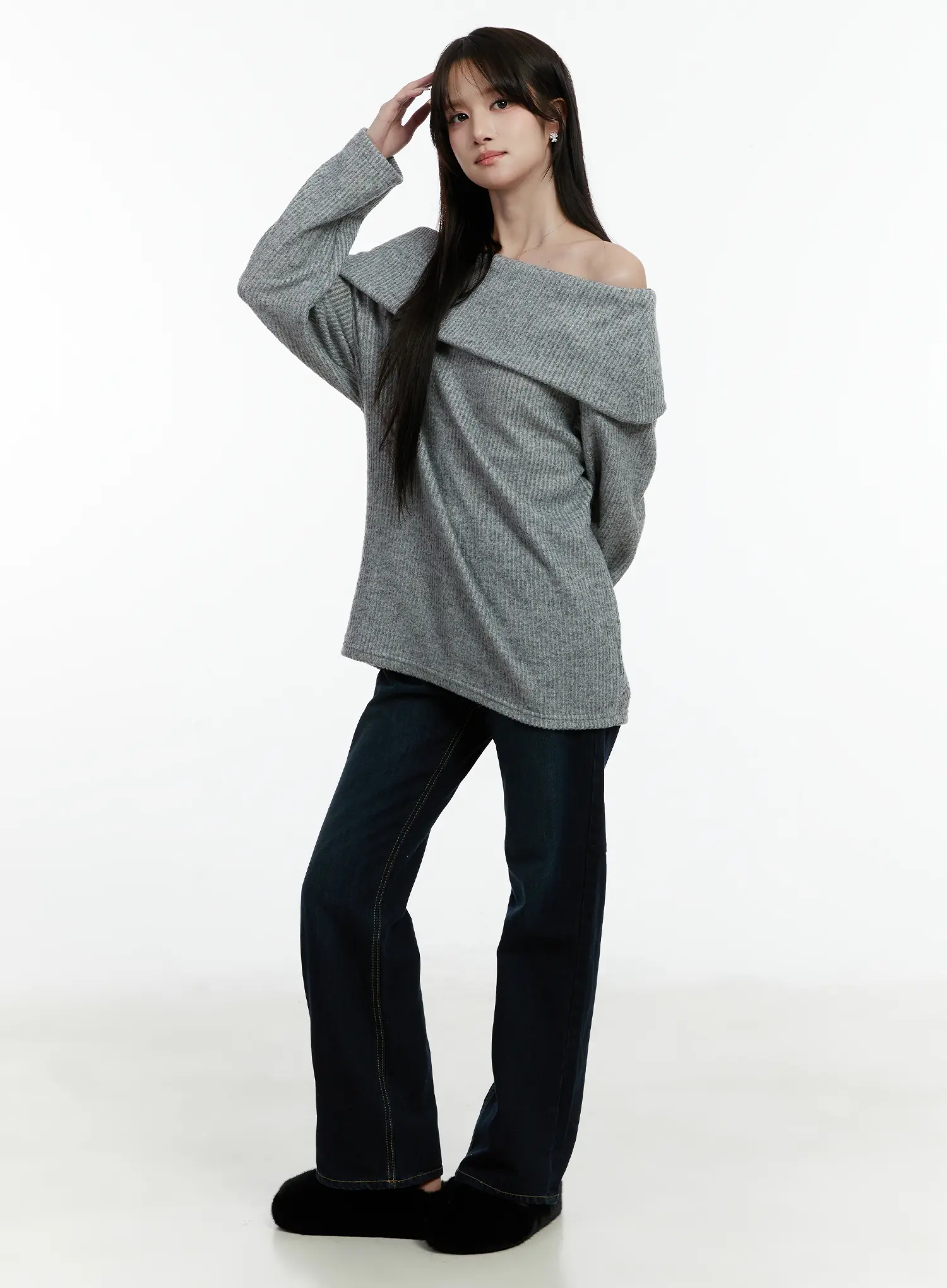 Fleece Ribbed Off-Shoulder Knit Top CD523 - Image 7