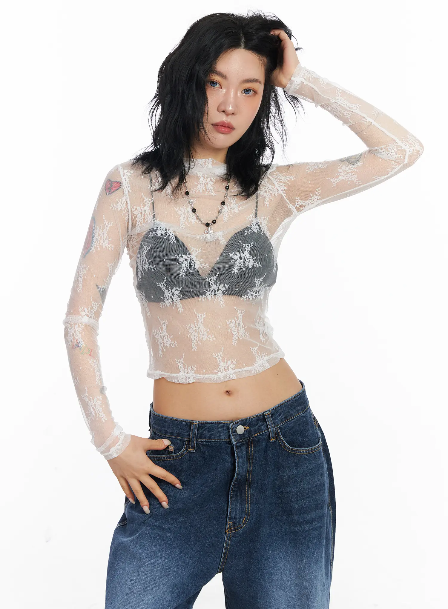 Floral Mesh See-Through Long Sleeve Top CJ522
