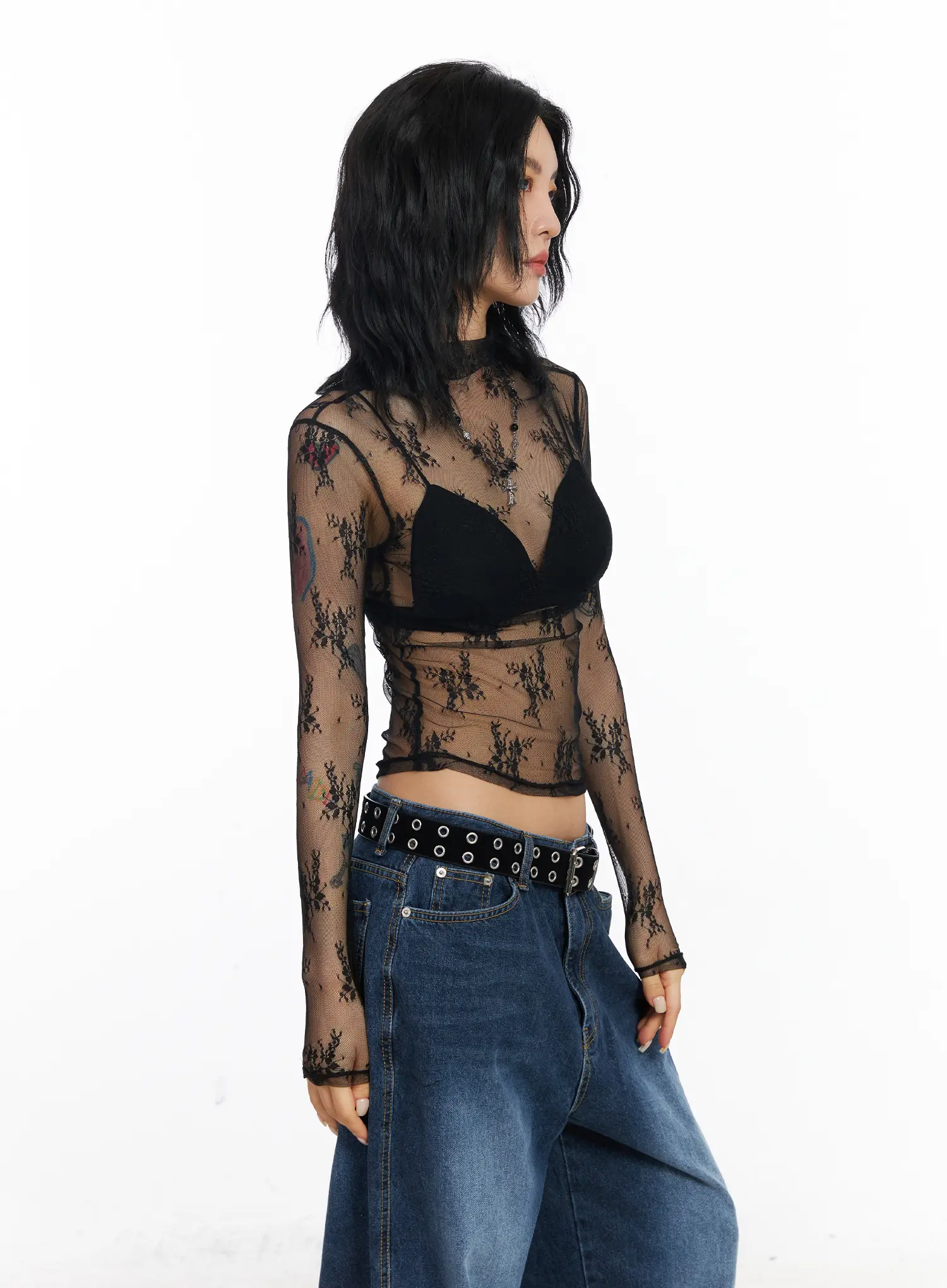 Floral Mesh See-Through Long Sleeve Top CJ522 - Image 2