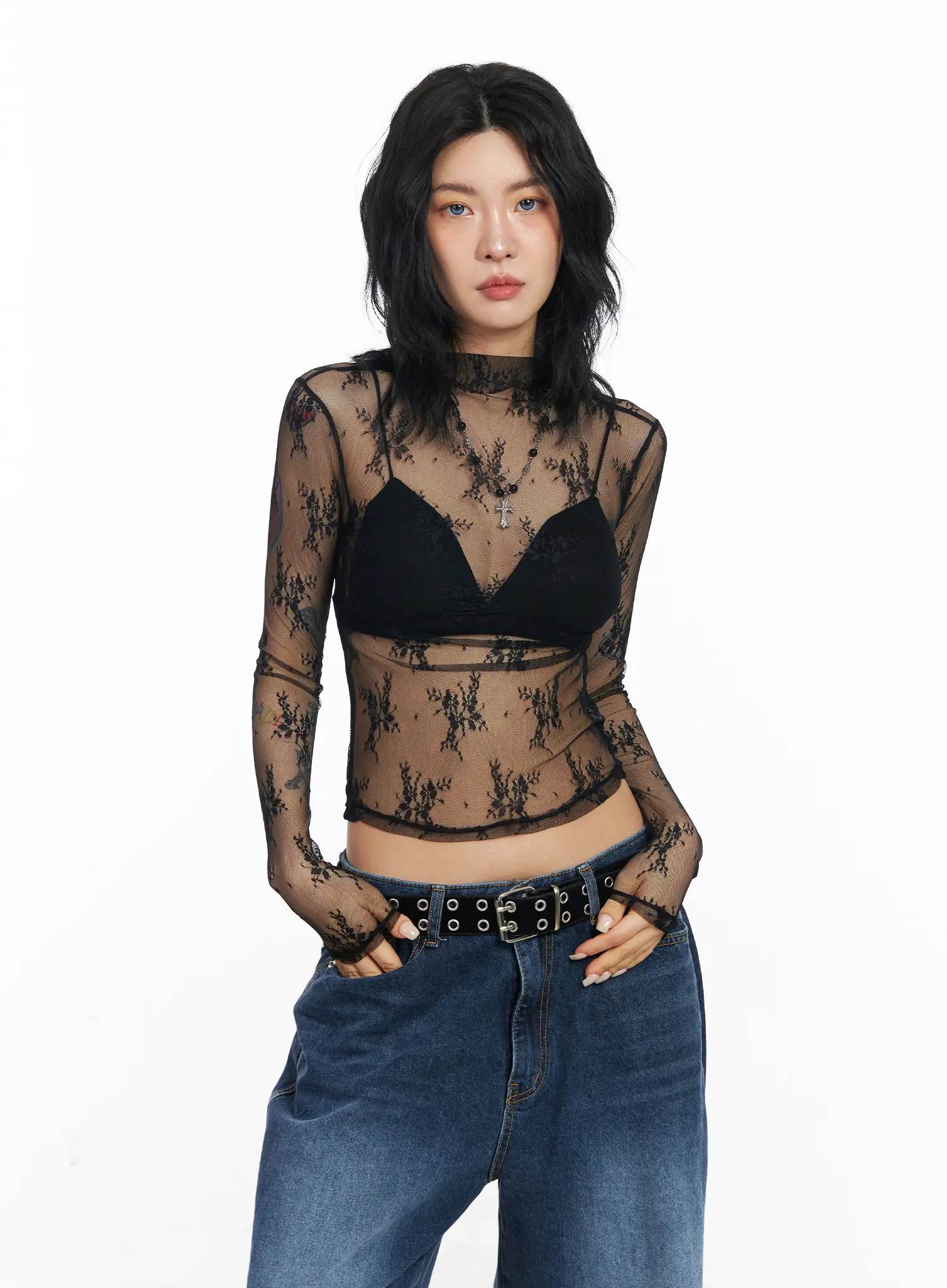 Floral Mesh See-Through Long Sleeve Top CJ522 - Image 8