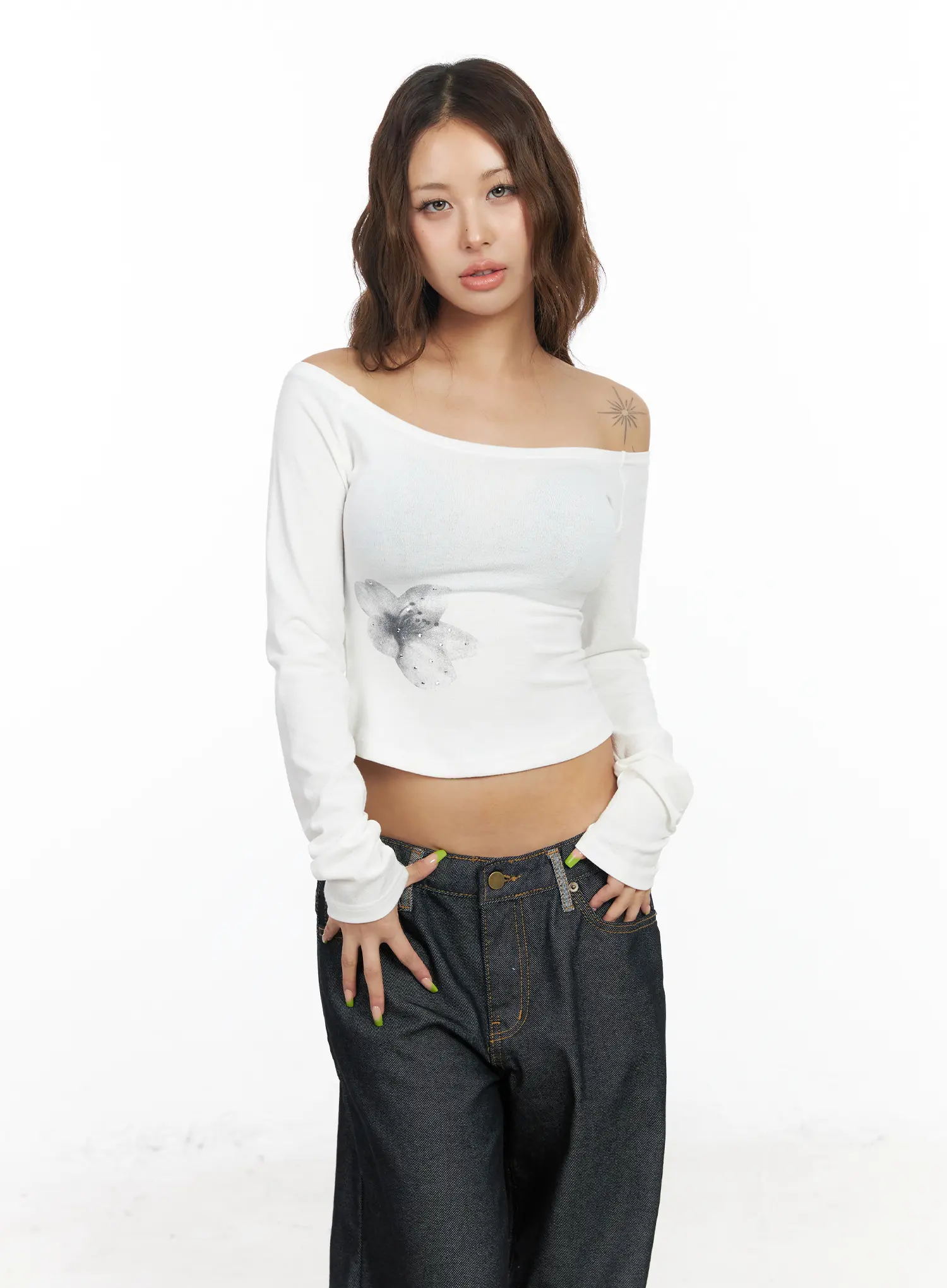 Floral Off-Shoulder Long Sleeve Crop Top CF512 - Image 4