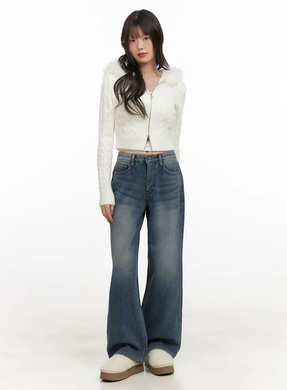 Fur-Hooded Zip-up Knit Crop Cardigan CJ502 - Image 2