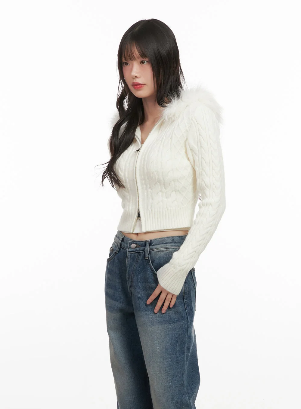 Fur-Hooded Zip-up Knit Crop Cardigan CJ502 - Image 3