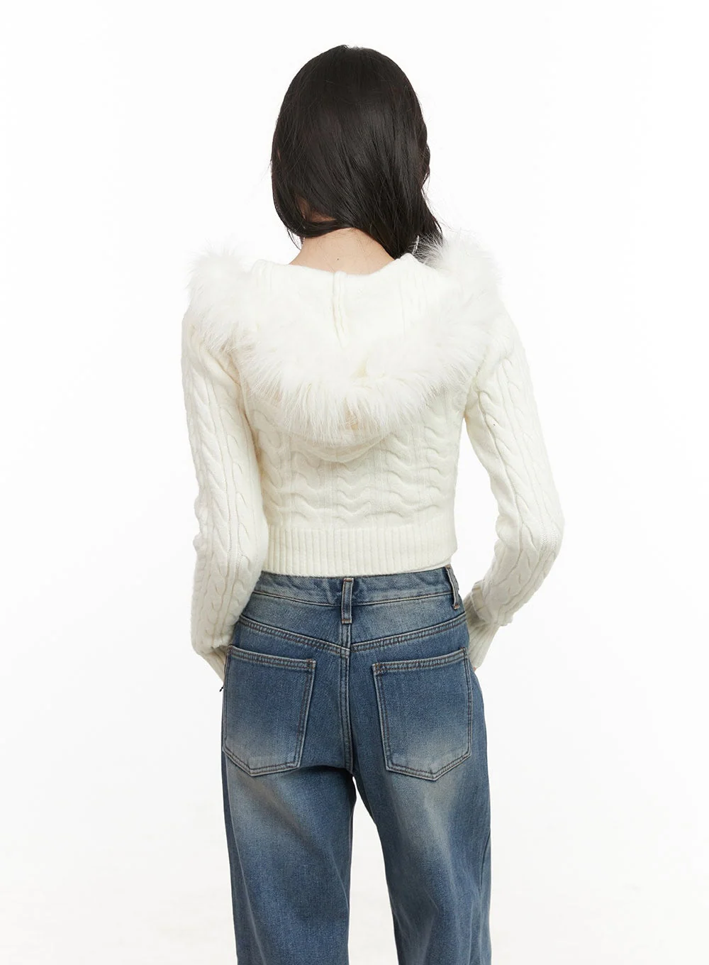 Fur-Hooded Zip-up Knit Crop Cardigan CJ502 - Image 5