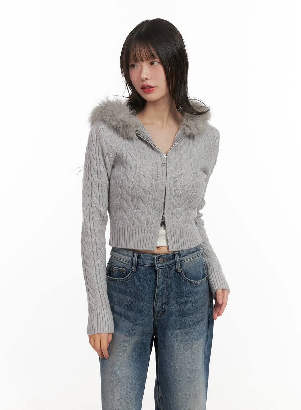 Fur-Hooded Zip-up Knit Crop Cardigan CJ502 - Image 7