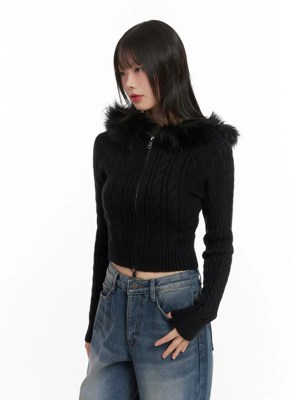 Fur-Hooded Zip-up Knit Crop Cardigan CJ502 - Image 8