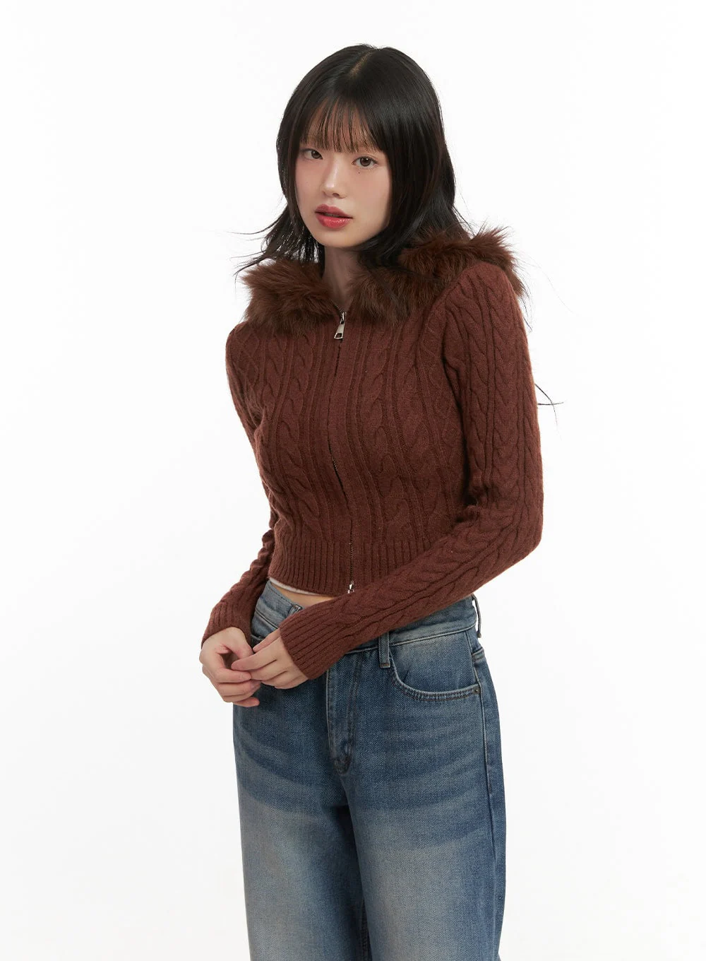 Fur-Hooded Zip-up Knit Crop Cardigan CJ502 - Image 9