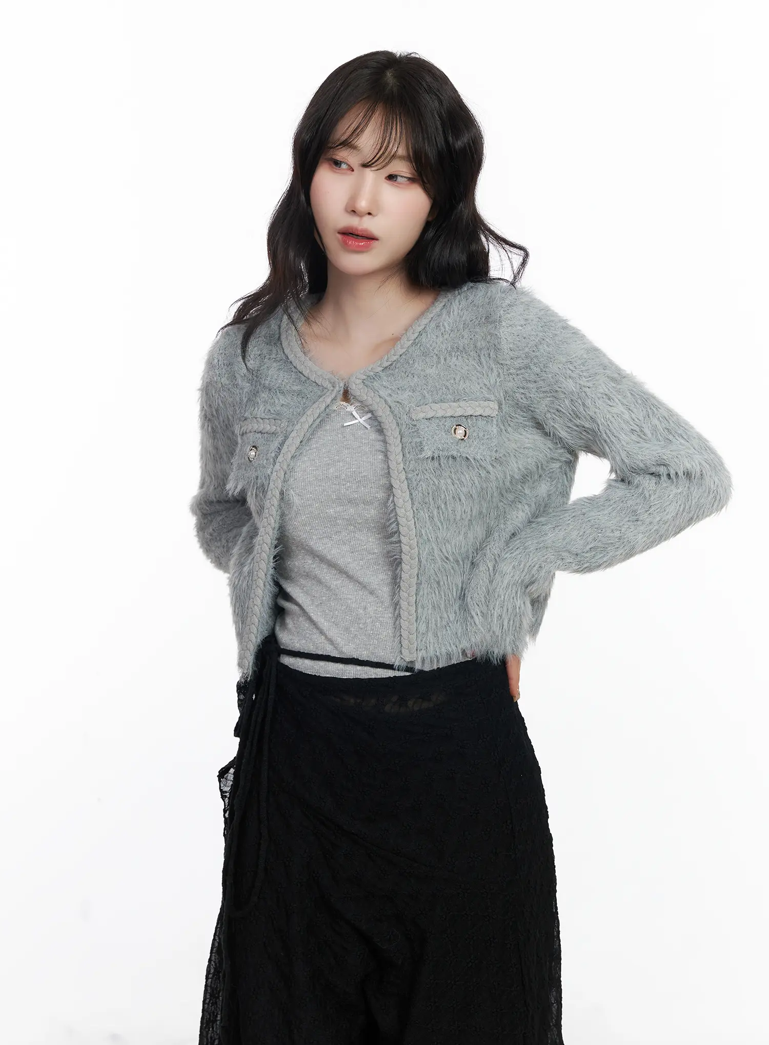 Fuzzy Angora Tweed Cardigan CJ526 - Image 11