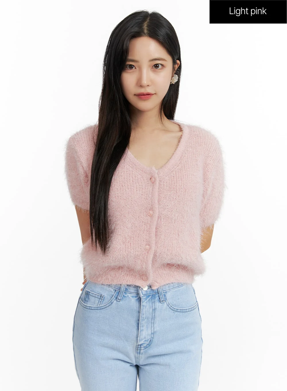 Fuzzy V-Neck Button Short Sleeve Sweater OF416 - Image 10