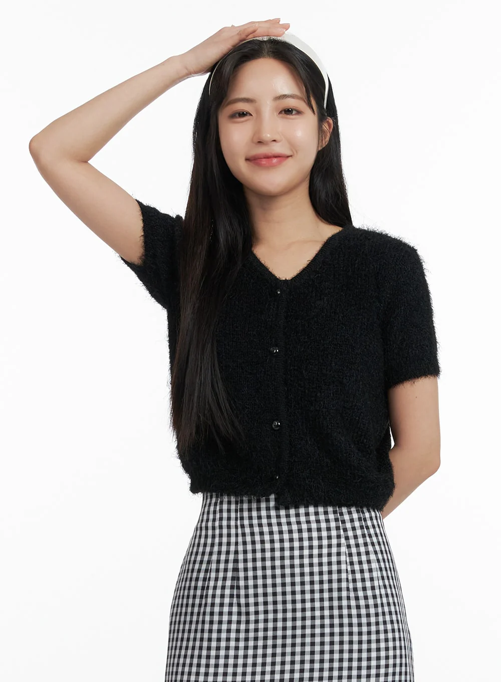 Fuzzy V-Neck Button Short Sleeve Sweater OF416 - Image 3
