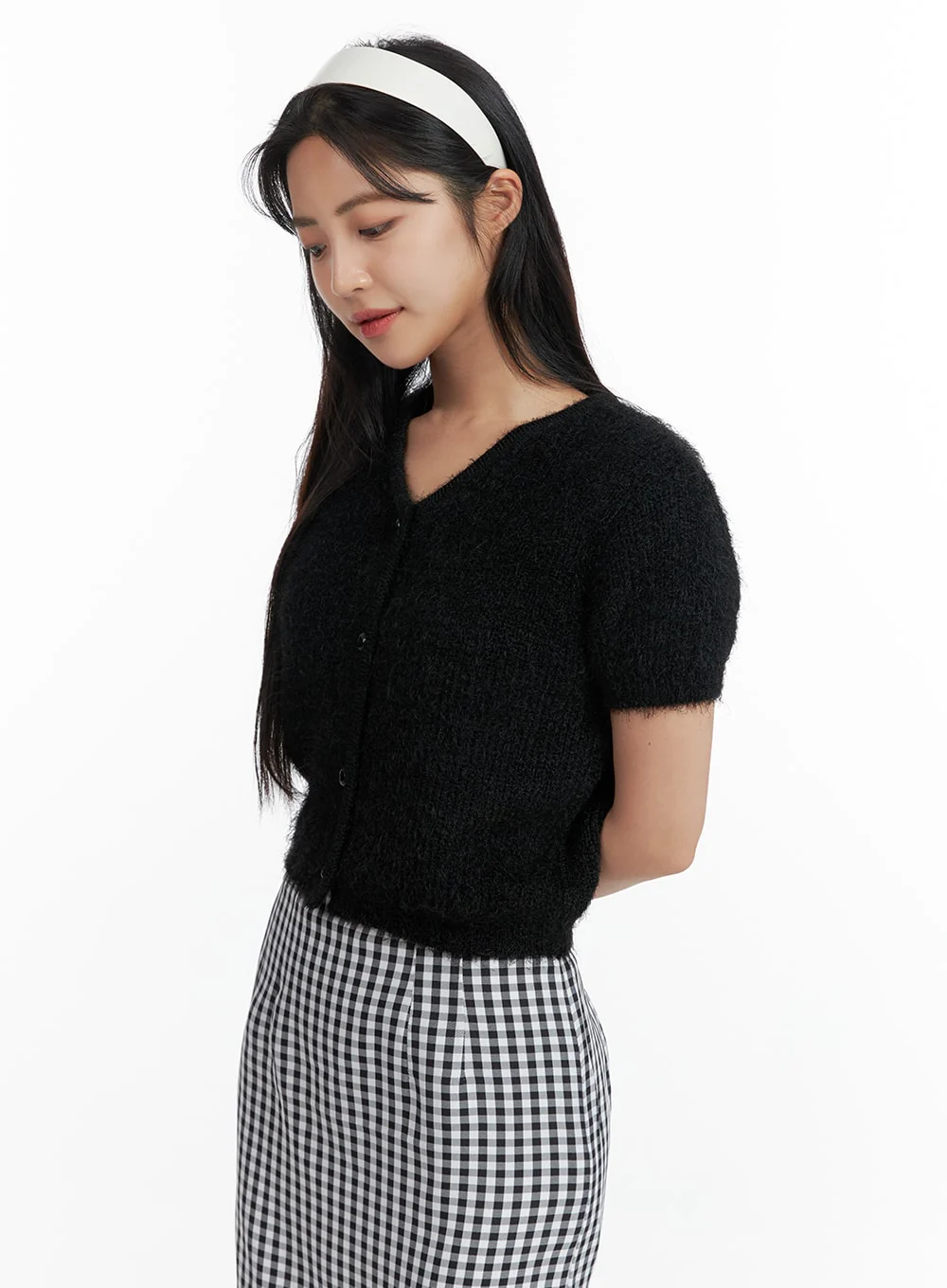 Fuzzy V-Neck Button Short Sleeve Sweater OF416 - Image 4