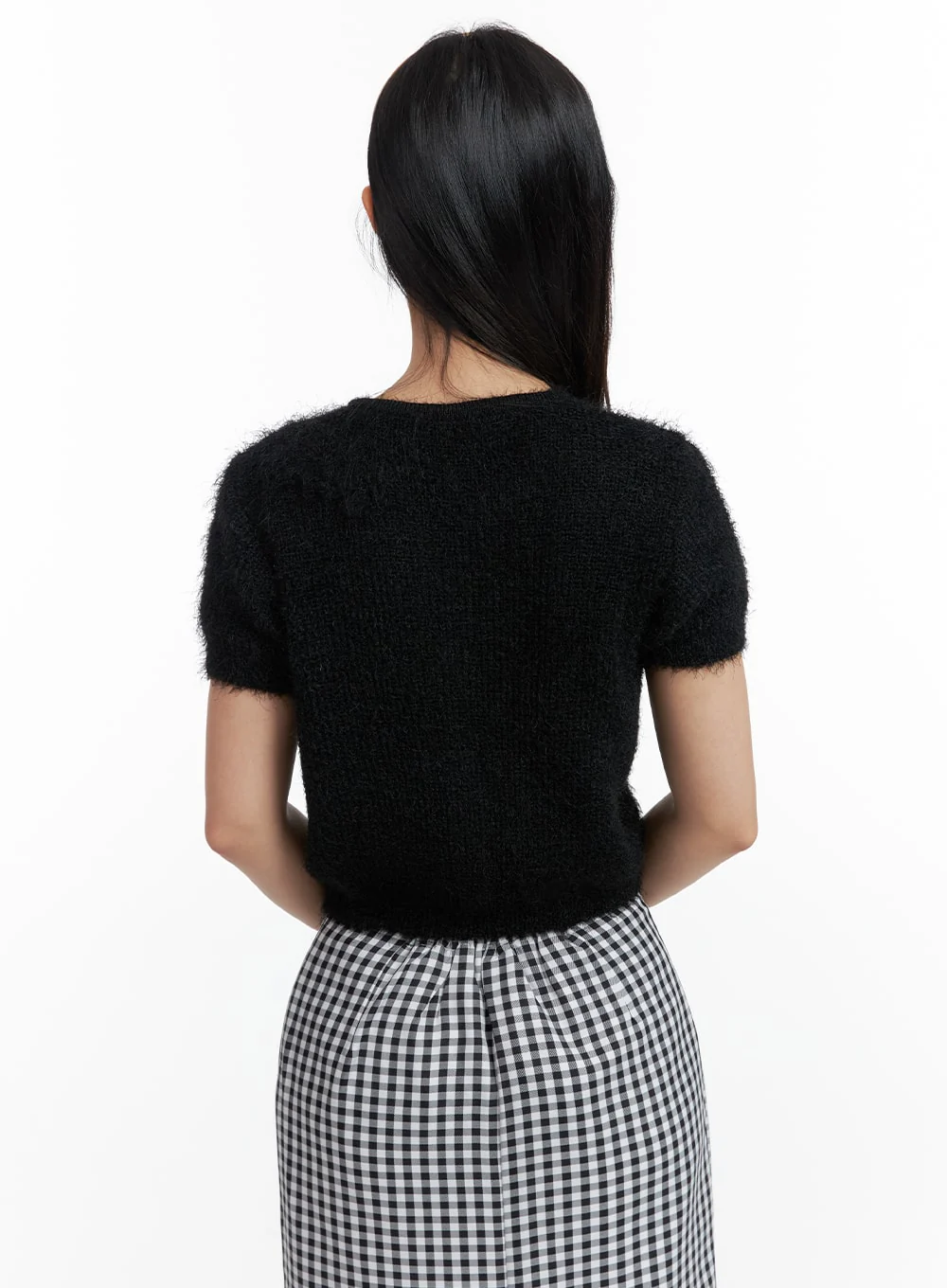 Fuzzy V-Neck Button Short Sleeve Sweater OF416 - Image 5