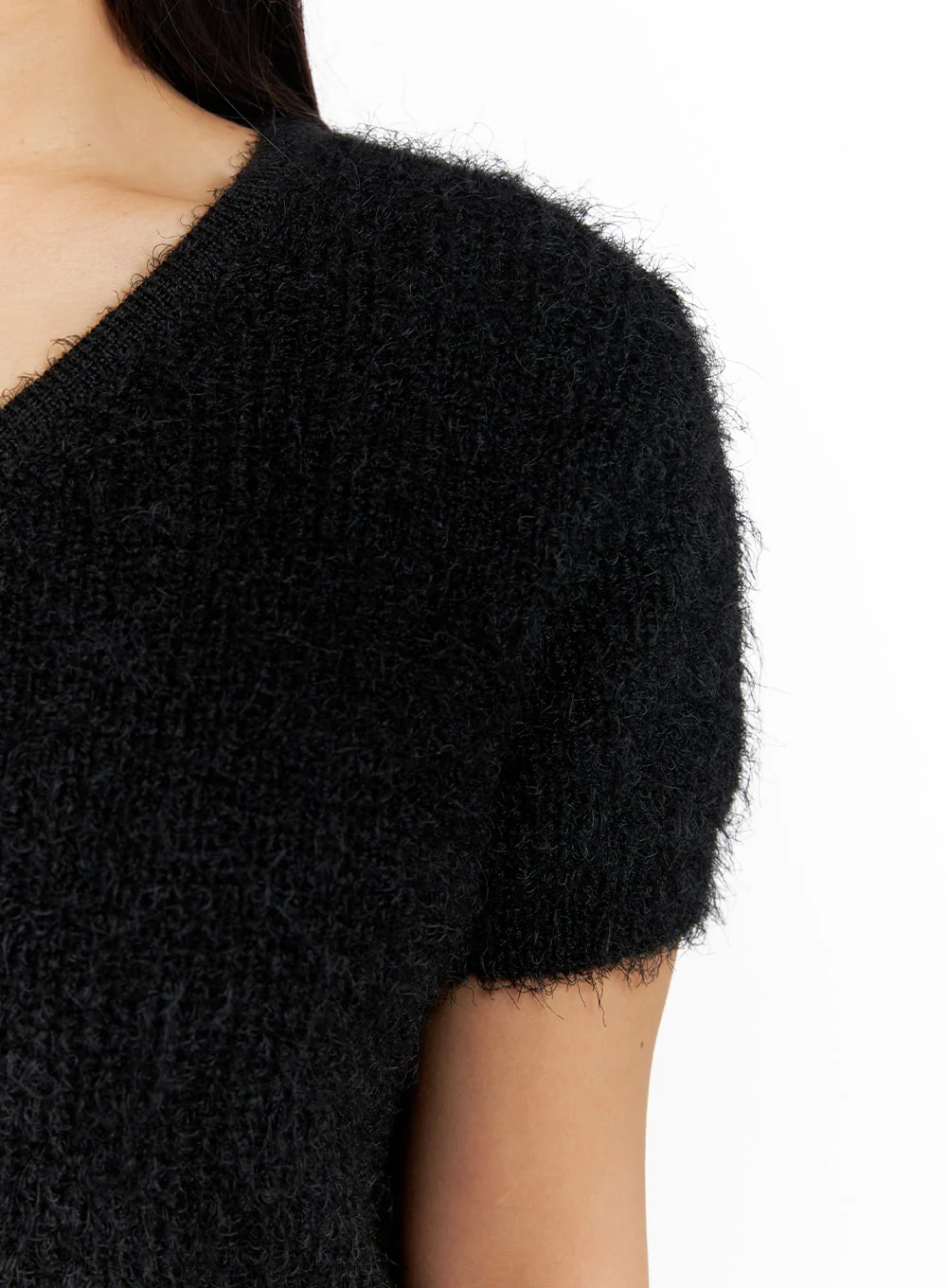 Fuzzy V-Neck Button Short Sleeve Sweater OF416 - Image 6