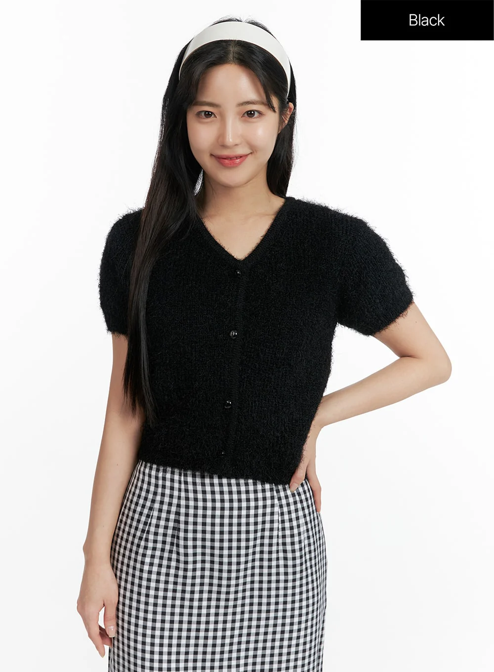 Fuzzy V-Neck Button Short Sleeve Sweater OF416 - Image 7